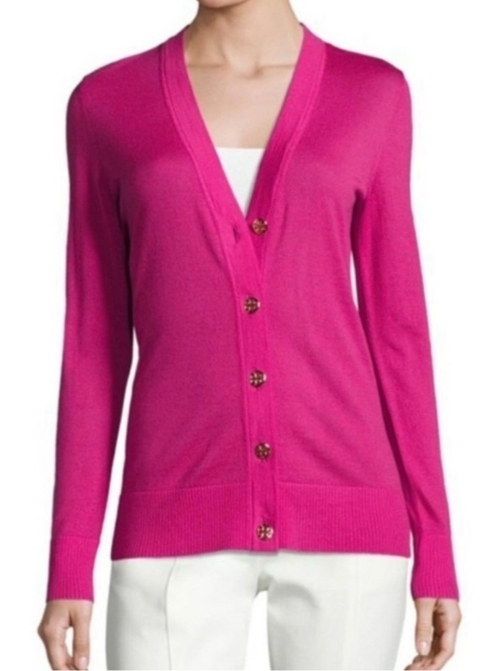 Tory Burch Fuchsia Pink V Neck Cardigan Gold Logo Buttons XS
